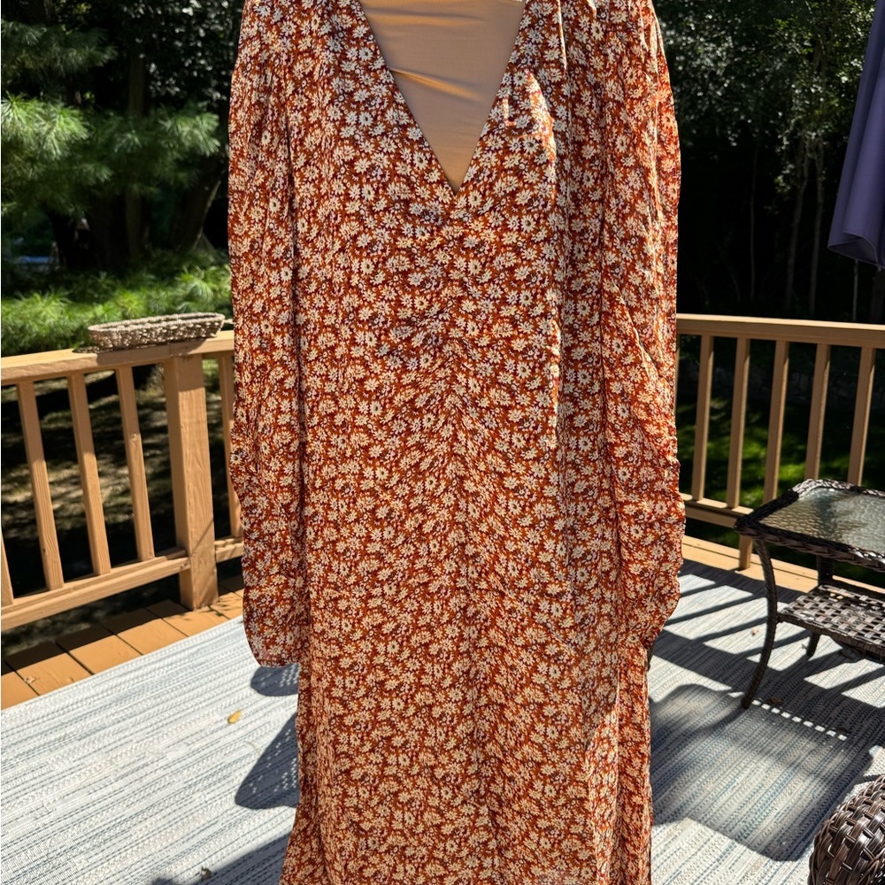 Joie Floral Print Summer Harko Dress Plus Sz 3X Orange Cream Brown VNeck Floral - Picture 3 of 10
